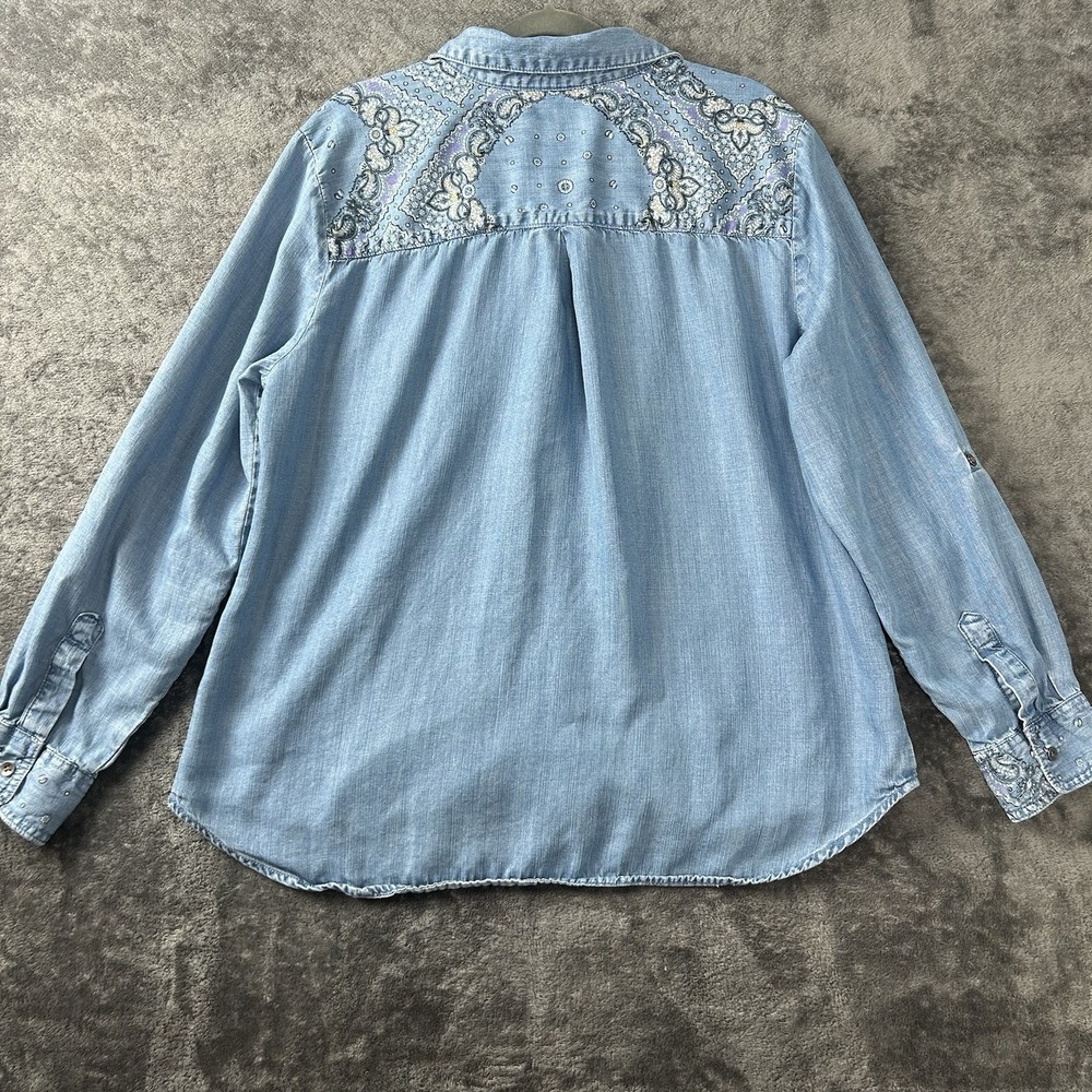 Style & Co Womens Blue Denim Button-Up Shirt Top Size L Roll-tab Sleeves - Picture 8 of 9